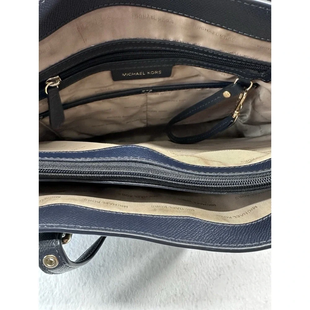 Michael Kors Navy Saffiano Leather Tote Bag Gold Hardware Structured Shoulder